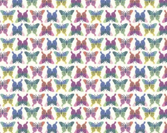 May include: White fabric with a repeating pattern of colorful butterflies. The butterflies are in shades of pink, blue, green, yellow, and orange.