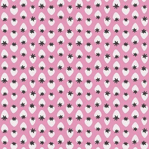 May include: A pink background with a repeating pattern of white strawberries with black seeds.