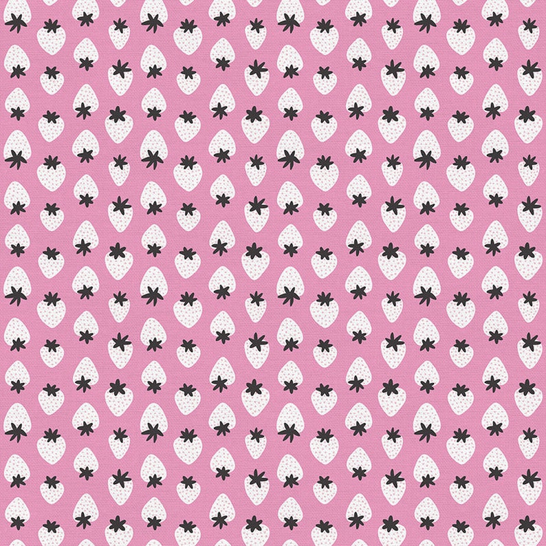 May include: A pink background with a repeating pattern of white strawberries with black seeds.