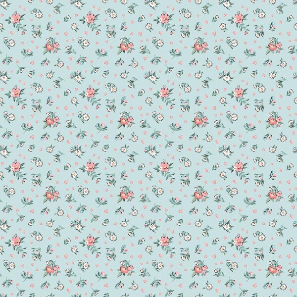 Grannys Sewing Room - Hearts & Posies Blue - Poppie Cotton - Bluebird Fabric - 1930s Reproduction Fabric - Repro Fabric - Retro Fabric