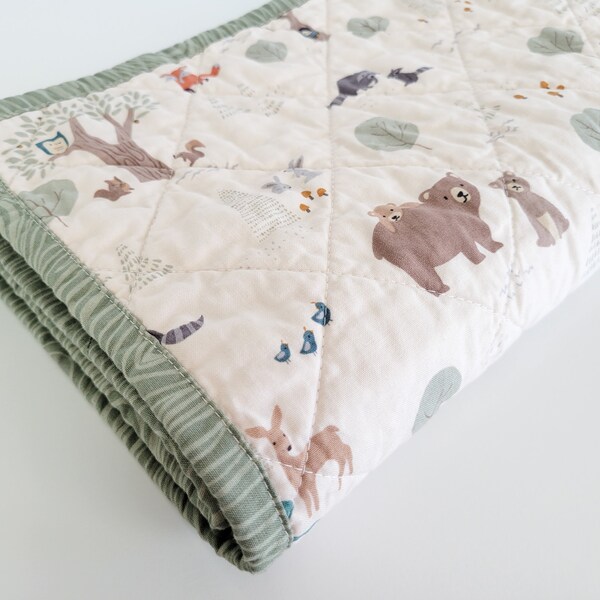 Made To Order- Woodland Baby Quilt - Quilt - Elmer & Eloise - Whole Cloth Quilt - Cot Blanket - Baby Bedding -Forest Baby Quilt-