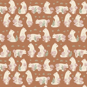 May include: A repeating pattern featuring cream-colored bears with pink flowers and green leaves on a brown background. The bears are in various poses, some standing, some sitting, and some lying down. The design has a whimsical, nature-inspired theme.