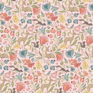 May include: A repeating pattern on a pink background featuring woodland creatures and floral elements. The design includes deer, foxes, squirrels, rabbits, and skunks, along with flowers, leaves, and vines in shades of brown, orange, blue, and green.