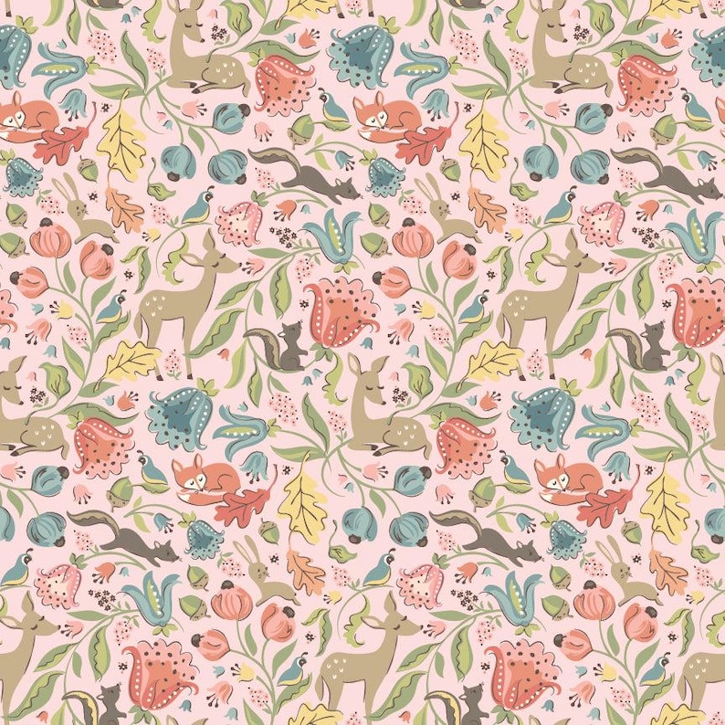 May include: A repeating pattern on a pink background featuring woodland creatures and floral elements. The design includes deer, foxes, squirrels, rabbits, and skunks, along with flowers, leaves, and vines in shades of brown, orange, blue, and green.