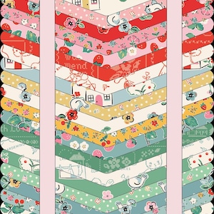 May include: A stack of 12 fabric squares featuring a variety of floral and cottagecore designs. The fabrics are in shades of pink, red, yellow, green, and blue. The fabrics are arranged in a chevron pattern. The fabrics are tied together with a pink ribbon.