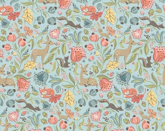 Wildwood Dwellings - Deer Meadow Light Teal - Poppie Cotton - Woodland Fabric - Deer Fabric - Forest Fabric - Squirrel Fabric - Fox Fabric