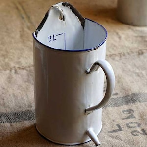 French country home decor vintage enamelware, enamel irrigator, French vintage decor, white and blue enamelware, enamel jug container