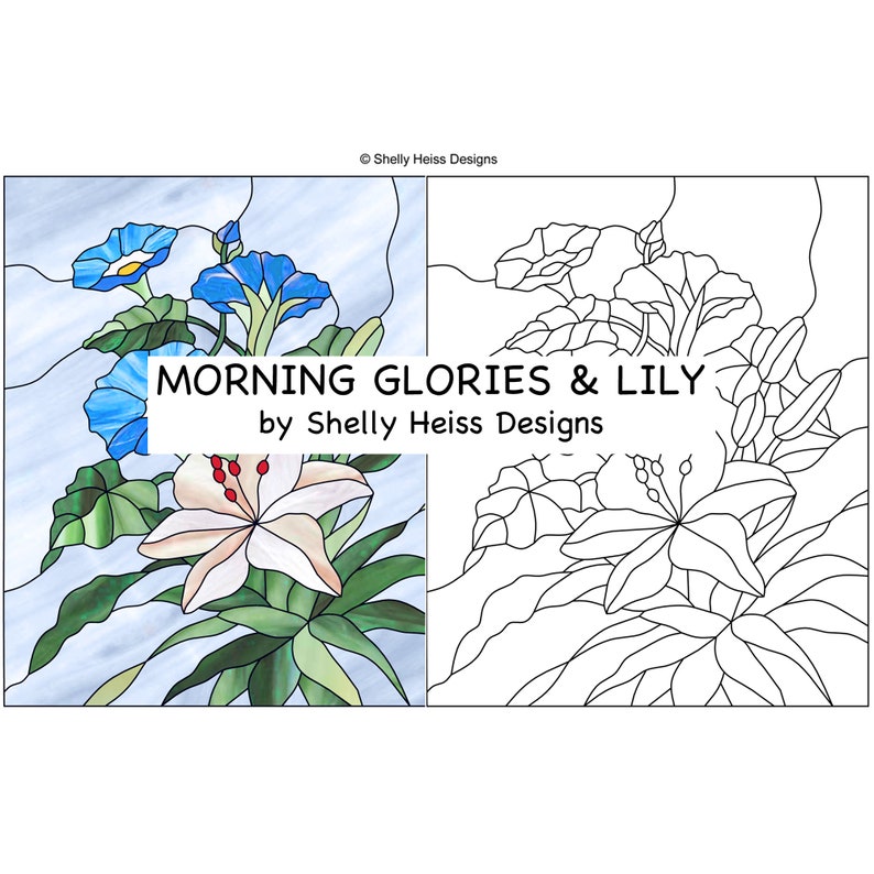 Stained glass Morning Glories and Lily PATTERN for stained glass or mosaic.