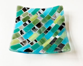 Mosaic Blue, Green and Black Fused Glass Dish