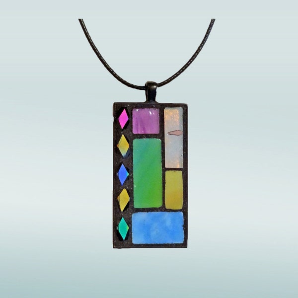 Mosaic Pendant Necklace with stained glass and diamond beads; FREE PRIORITY SHIPPING!