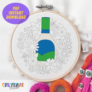 May include: A black and white embroidery pattern of a bottle with flowers and leaves surrounding it. The bottle is green, blue, and green. The pattern is on a white canvas.