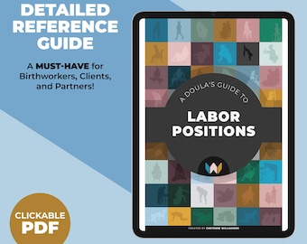 May include: A digital tablet displays a guide titled "A Doula's Guide to Labor Positions." The cover features a grid of colorful silhouettes. Text reads "Detailed Reference Guide" and "Clickable PDF."