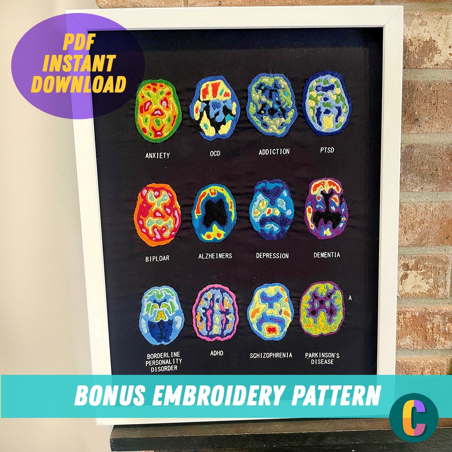 Brain Scan Digital Art Print & BONUS Embroidery Pattern | MRI PET Cat ...