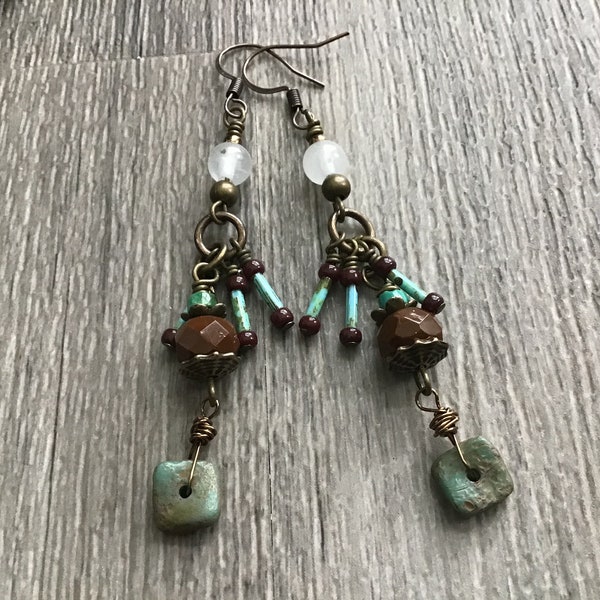 Edgy Boho Earrings, Unusual Modern Hippie Jewelry, Riverstone Earrings, Long Gypsy-style Earrings, OOAK Unique