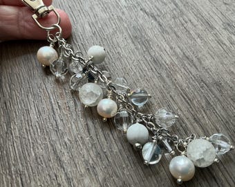 Frosted Crystal Quartz, Freshwater Pearl, Howlite Purse Charm, Silver Bag Dangle