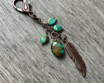 Turquoise and Copper Feather Charm Dangle, Southwest Purse Jewelry