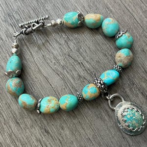 Mexican Turquoise Bracelet, Campitos Turquoise, Gemstone Pendant, Sterling Silver Toggle Clasp image 1