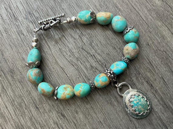 Mexican Turquoise Bracelet, Campitos Turquoise, Gemstone  Pendant, Sterling Silver Toggle Clasp