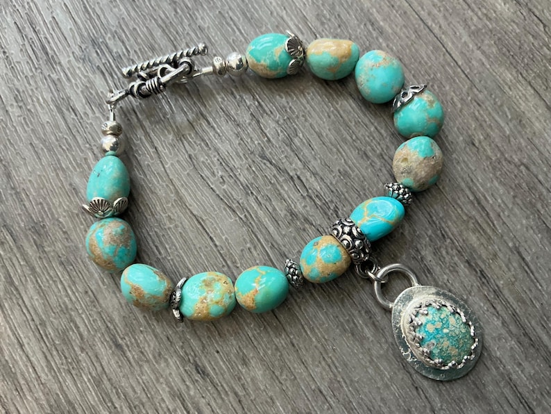 Mexican Turquoise Bracelet, Campitos Turquoise, Gemstone Pendant, Sterling Silver Toggle Clasp image 1