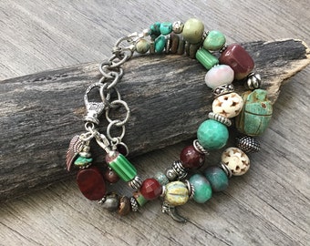 Bohemian Southwest Sundance Style Bracelet, Multi Gemstones Mix, Green Turquoise, Green Scarab Burgundy Jasper, Bone