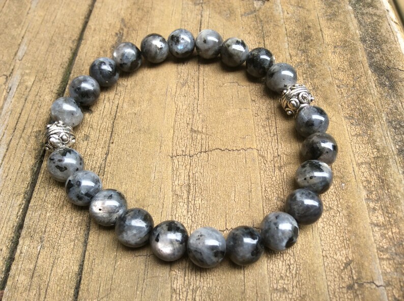 Bali Silver Beads Blue Flash Labradorite Gemstone Jewelry Boho Gray Mystic Labradorite Bracelet