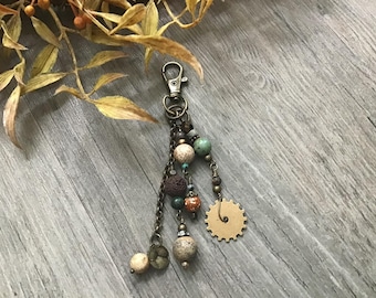 Beaded Boho Bag Charm Accessory, Dangle Decoration for Purse, Handbag Accessory, Charms for Purse, African Turquoise Beads, Bronze Chain