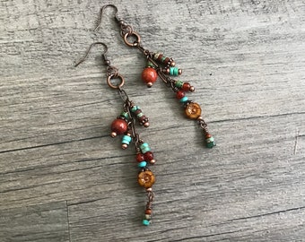 Red Creek Jasper Sundance Style Earrings, Long Dangle Free Spirit Gemstone Earrings, Southwest Style, Carnelian, Bohemian Jewelry