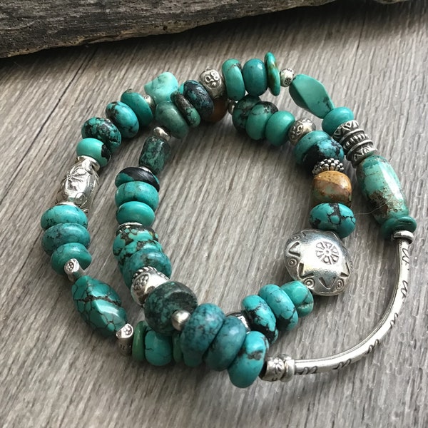 Turquoise Stack Stretch Bracelet Set, Genuine Hubei Turquoise, Karen Hill Tribe Silver, NorthernLitesJewelry