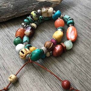 Multi Colored Stretch Gemstone Bracelet Stack, Lampwork Bead, Two Bracelet Set, Chunky Beads, Mixed Gemstones