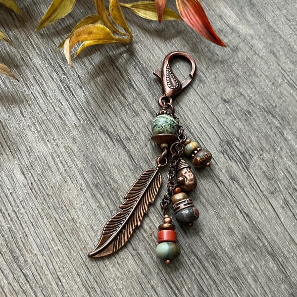 Red Creek Jasper Purse Dangle Charm, Western Purse Jewelry, Southwest Boho Copper Bag Bling.