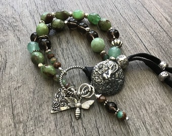 Bunny Bracelet, Chrysoprase Smoky Quartz, Chocolate Chrysoprase, Rabbit Button, Boho Green Gemstone Bracelet