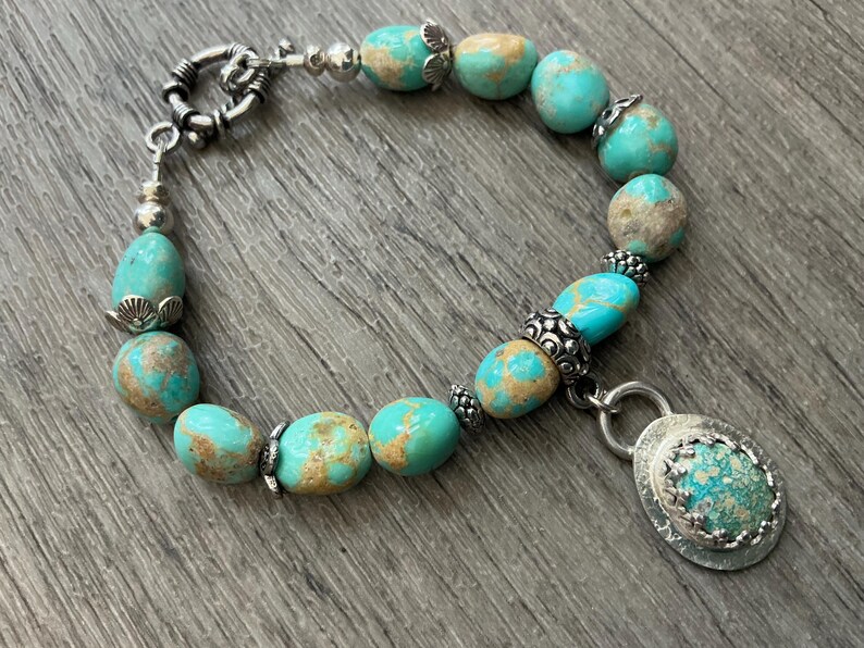 Mexican Turquoise Bracelet, Campitos Turquoise, Gemstone Pendant, Sterling Silver Toggle Clasp image 5
