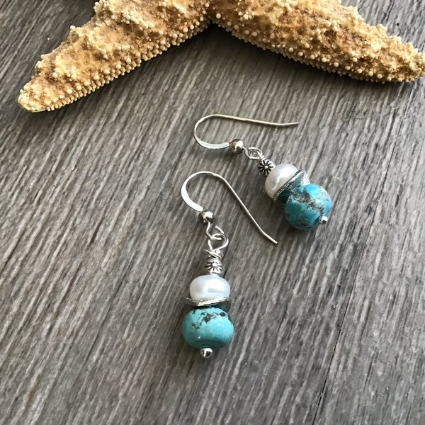 Blue Turquoise Earrings, White Button Pearl, Hill Tribe Silver, Small Gemstone Dangle Earrings