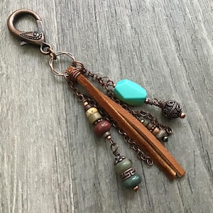 Southwest Look Beaded Purse Charm, Turquoise, Red Creek Jasper, Dangle Decor For Purse Or Backpack, Handbag Decoration