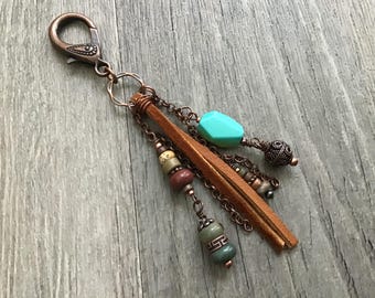 Southwest Look Beaded Purse Charm, Turquoise, Red Creek Jasper, Dangle Decor For Purse Or Backpack, Handbag Decoration