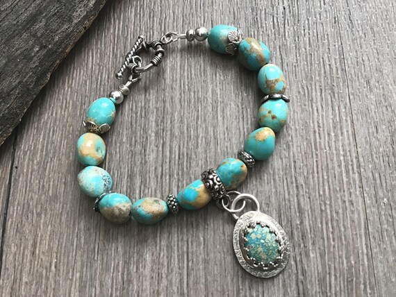 Mexican Turquoise Bracelet, Caballo Campitos Turquoise, Blue Turquoise Gemstones, Artisan Made Charm, Classic Jewelry