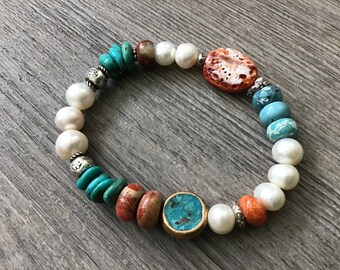 Southwest Spiny Oyster Sundance Style Stretch Jewelry, White Freshwater Pearl, Turquoise, Hill Tribe Silver Bracelet