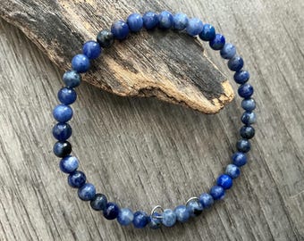 Denim Blue Sodalite Gemstone Bangle, Boho Style Memory Wire Bracelet