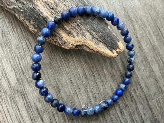 Denim Blue Sodalite Gemstone Bangle, Boho Style Memory Wire Bracelet