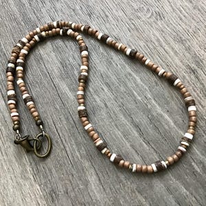 Coconut and Puka Shell Necklace, Natural and Rustic Beaded Wood Necklace, Unisex Jewelry