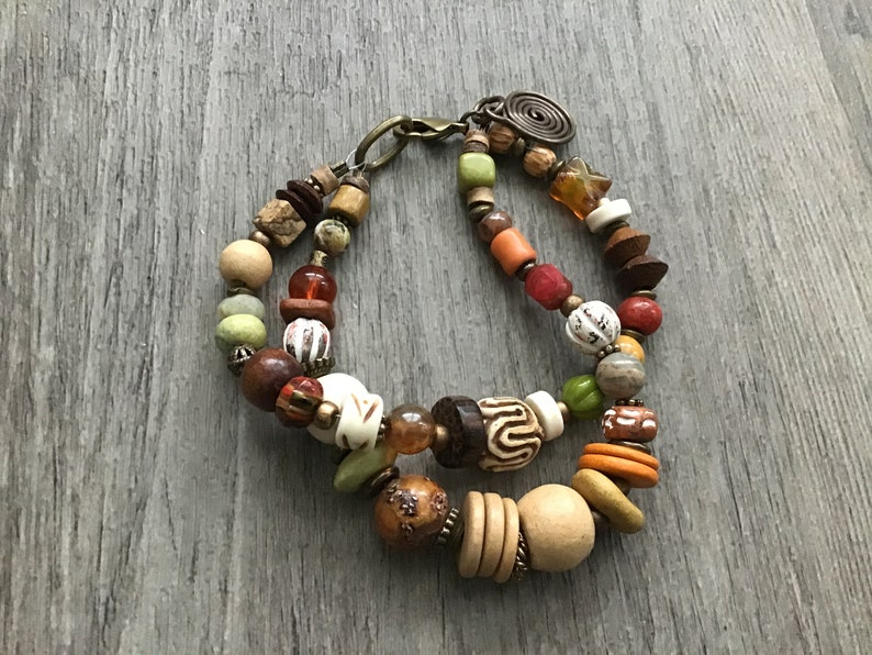 Colorful Multi Strand Boho Bracelet Bohemian OOAK Bracelet Handmade Chunky Bracelet Mixed Gemstones Earthy Colors Bead Mix