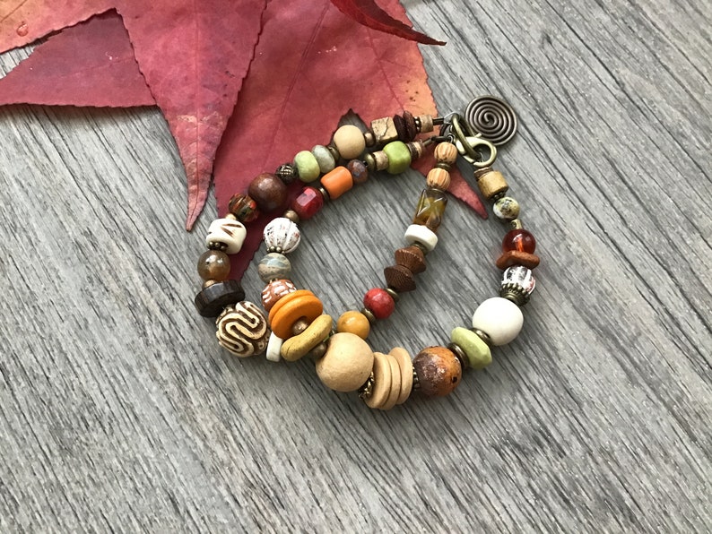 Colorful Multi Strand Boho Bracelet Bohemian OOAK Bracelet Handmade Chunky Bracelet Mixed Gemstones Earthy Colors Bead Mix