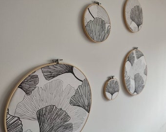 Wall decoration round set five circles gray tones leaves branches Ginkgo mural picture room decoration