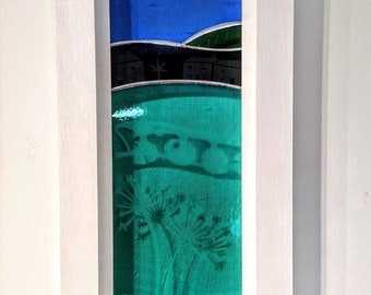 Cornish cottages and agapanthus glass panel.