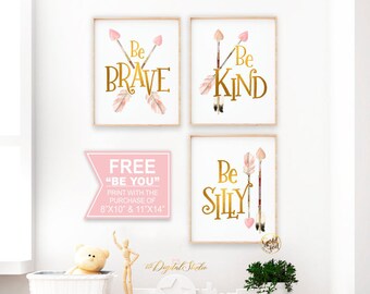 Woodland Nursery Decor, Nursery Art, Boho Nursery Decor, Kids Room Decor, Baby Room Decor, Be Brave, Gold Foil Print, Pink and Gold Nursery