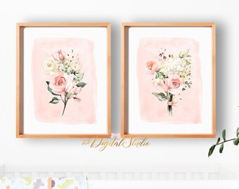 Baby Girl Nursery Art, Boho Floral Nursery Decor, Blush Floral Wall Art SET OF 2