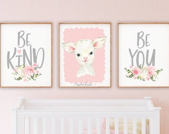 Nursery Wall Art, Pink Baby Girl Nursery Prints, Lamb Nursery Wall Decor, Baby Room Decor, Be Kind, Be You, Set of 3 Prints