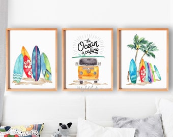 Surfing Printable Wall Art, Beach Nursery Decor Boys, Kids Surfing Art Prints, Surfing Beach Decor, Surfboard Wall Art, Set 3, 206