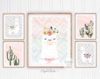 Llama Nursery Decor, Cactus Print, Girl Boho Nursery Wall Art, Llama Prints, Llama Baby Shower Gift, PRINTABLE ART, Set of 5, 103