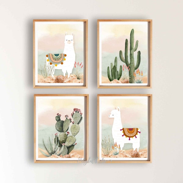 Llama and Cactus Nursery Art Prints, Boy Nursery Decor, Desert Nursery Printed Art, Llama Print, Boho Nursery Art, Set of 4, 209